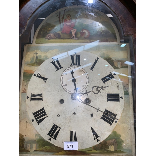 571 - A 19th century grandfather clock in oak case, with 8 day movement and painted dial