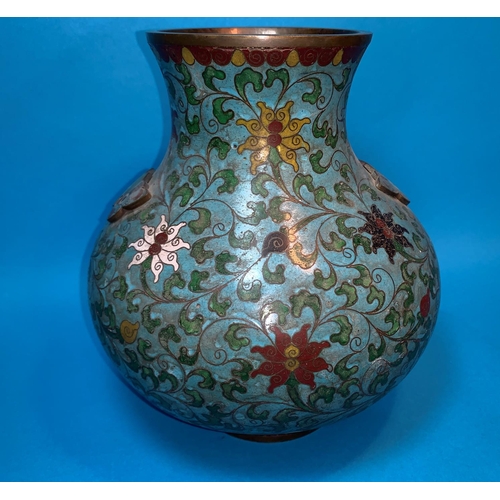 240 - A Chinese cloisonne baluster vase decorated with flowers and leaves against a turquoise ground, heig... 