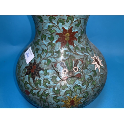 240 - A Chinese cloisonne baluster vase decorated with flowers and leaves against a turquoise ground, heig... 