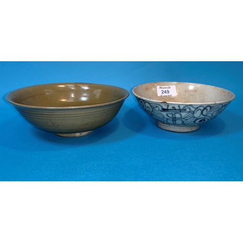 249 - Three pieces of early Oriental pottery including circular celedon bowl on raised foot diameter 7