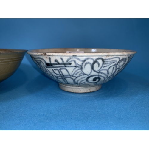 249 - Three pieces of early Oriental pottery including circular celedon bowl on raised foot diameter 7