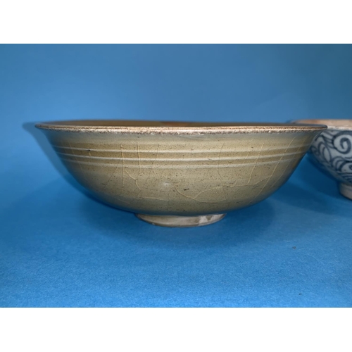 249 - Three pieces of early Oriental pottery including circular celedon bowl on raised foot diameter 7