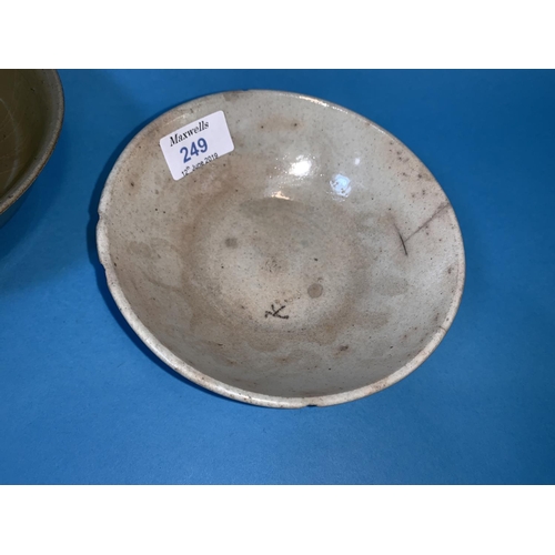 249 - Three pieces of early Oriental pottery including circular celedon bowl on raised foot diameter 7