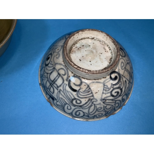 249 - Three pieces of early Oriental pottery including circular celedon bowl on raised foot diameter 7