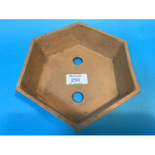 250 - A Chinese Yix sing hexagonal terracotta bowl with relief decoration to sides and seal mark to base d... 