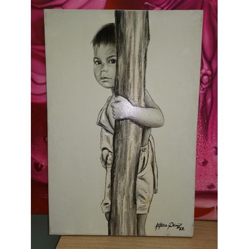 524A - Arturo Perez (Mexican artist): oil on canvas, a boy behind a pillar, signed and dated '68, 24