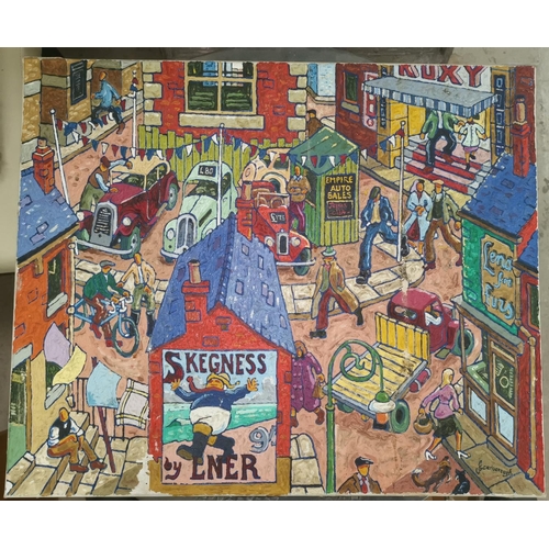 525 - Joe Scarborough (Sheffield artist b. 1938): Street Scene with figures, oil on canvas, signed to bott... 