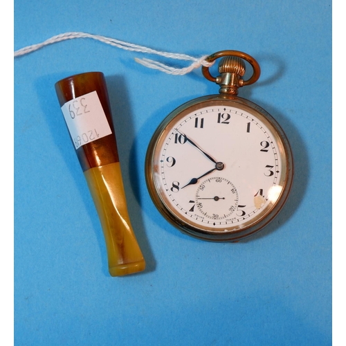 339 - An open faced keyless gold plated pocket watch; 3 cigar holders