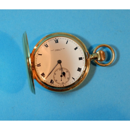 342 - An 18 carat hallmarked gold gent's keyless hunter pocket watch by Thos Russell & Son, Liverpool (gro... 
