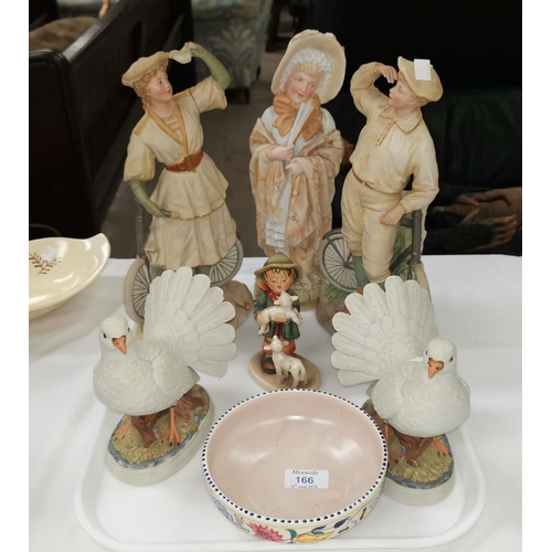 166 - A Victorian bisque figure of a girl; 2 Victorian style figures of cyclists (a.f.); a 1950's Poole bo... 