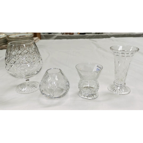 171 - An Edinburgh etched thistle glass and another, a large Stuart Crystal brandy glass and a similar vas... 