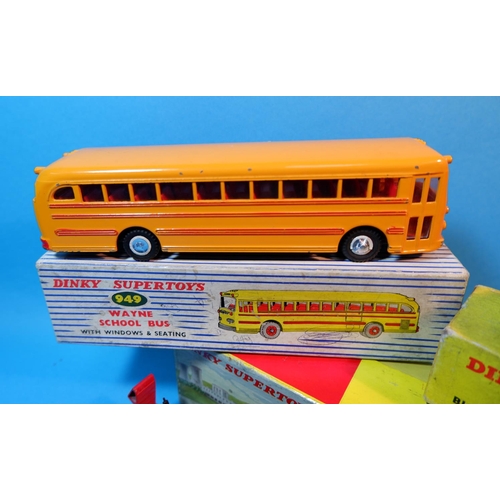255C - Three originally boxed Dinky Supertoys diecast vehicles: 949 Wayne School Bus with windows and seati... 