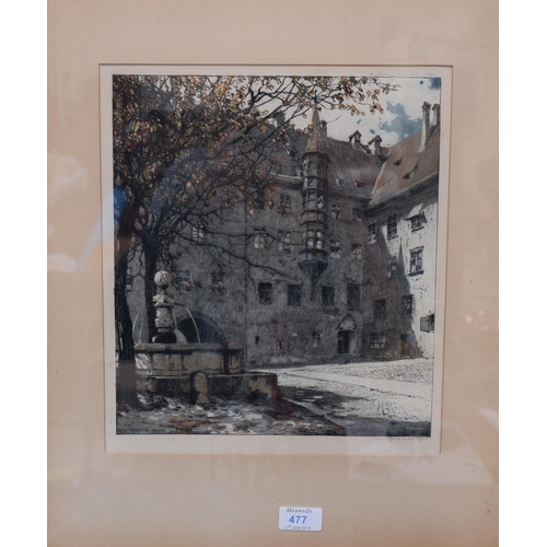 477 - Luigi Kasimir:  etching, courtyard in a German town, signed in the plate and dated 1910, 12