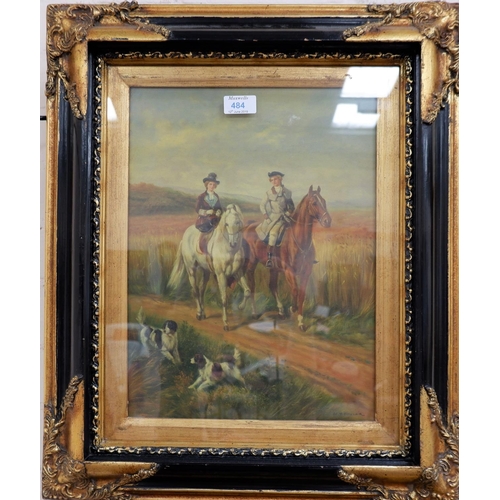 484 - W H Sinclair:  20th century oil depicting couple on horseback, with spaniels, oil on canvas, signed,... 