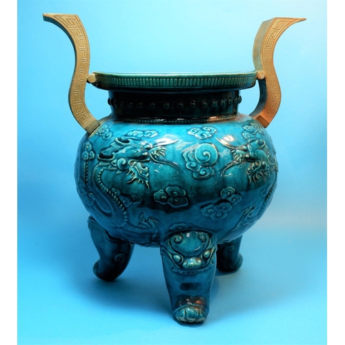 228 - An 18th / 19th century Chinese incense burner, turquoise glazed with raised gilt handles, releif dec... 