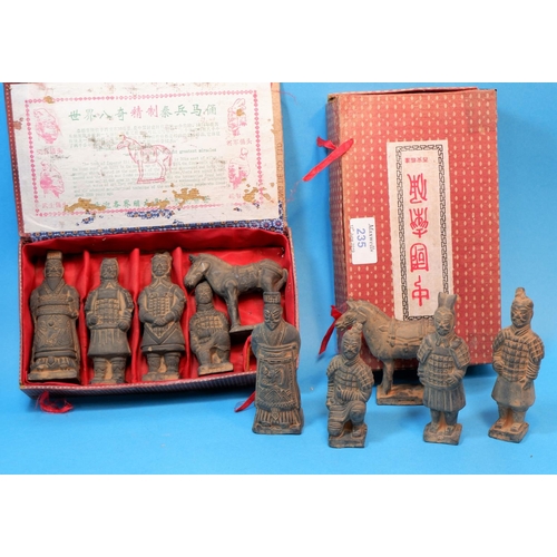 235 - Two boxed presentation sets of terracotta soldiers, four soldiers and one horse in different poses i... 