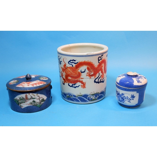 244B - Three pieces of Chinese porcelain including Kang-xi lidded pot (no handles, lid chipped) diameter 4.... 