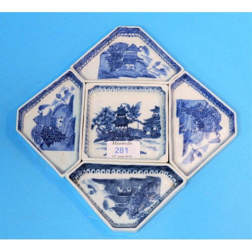 281 - A Chinese blue and white hors d'ouvres set comprising 5 shaped dishes , diameter 10