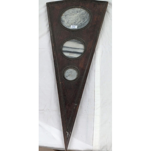 279 - A Chinese triangular dreamstone and wooden panel with 3 graduating stones, length 34.5