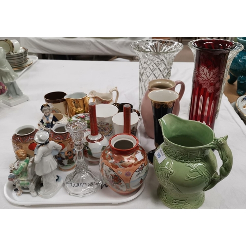 199 - A selection of decorative china and glass:  a musical jug; Dresden style figures; vases; etc.