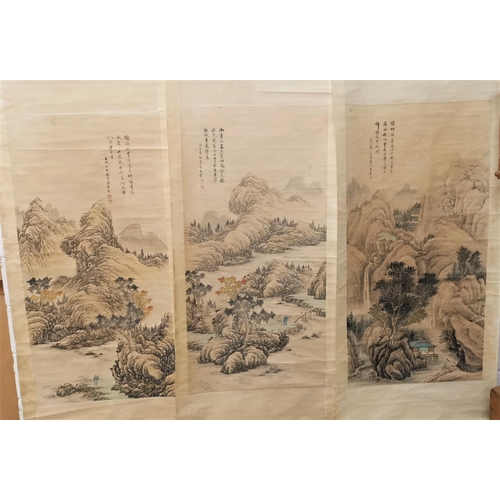 276 - Three early/mid 20th century Chinese scroll pictures depicting figures in landscapes, with Chinese c... 