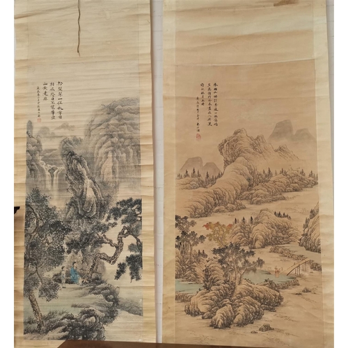 277 - Two early/mid 20th century Chinese scroll pictures depicting figures in landscapes, with Chinese cha... 