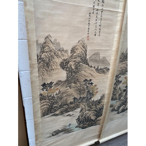 276 - Three early/mid 20th century Chinese scroll pictures depicting figures in landscapes, with Chinese c... 