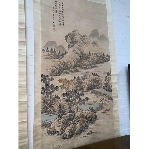 277 - Two early/mid 20th century Chinese scroll pictures depicting figures in landscapes, with Chinese cha... 