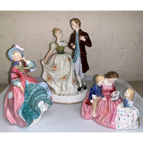 45 - 3 Royal Doulton figures The Bedtime Story HN2059, Young Love HN2735 (hairline crack to base), Spring... 