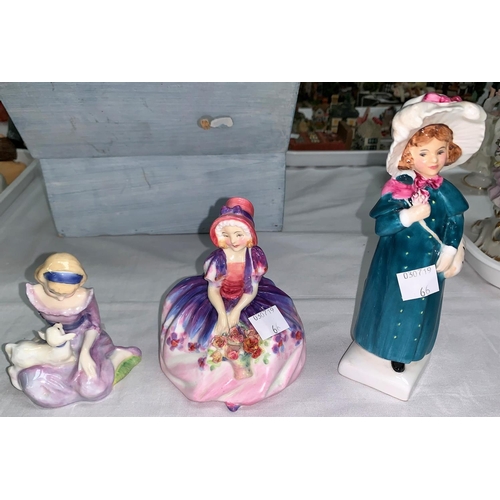 66 - 3 Royal Doulton figures- Monica HN 1467; Carrie HN 2800; Mary had a little lamb HN 2048