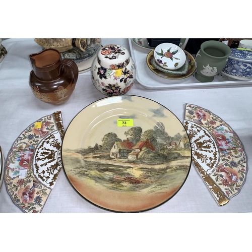 73 - 2 Royal Doulton Dickens seriesware plates; a Masons ginger jar; 2 Spode china fans; a Doulton stonew... 