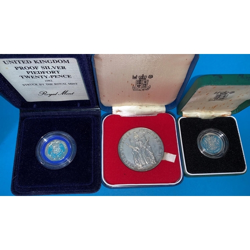 317 - A GB 1983 £1 piedfort silver proof, another similar 20p 1982 and a silver medal commemorating QEII S... 