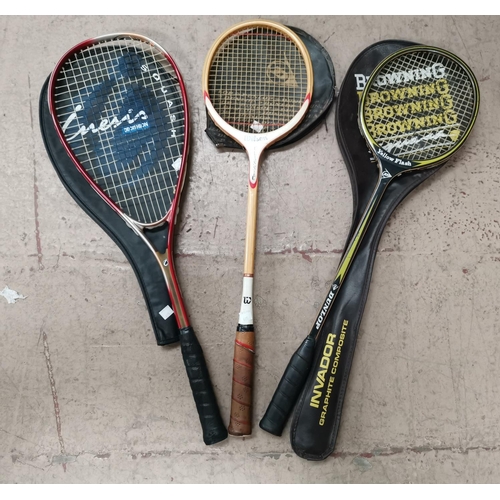 605 - Wilson Classic wooden framed squash racket; a similar Dunlop and another