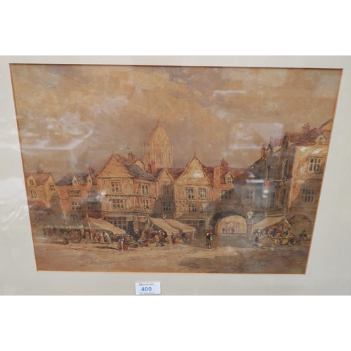 503 - 19th Century School:  Continental town square with market, watercolour, unsigned, 11.5