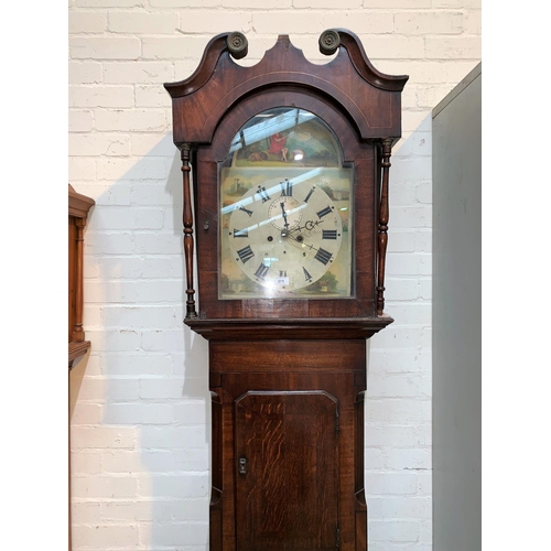 581 - A 19th century grandfather clock in oak case, with 8 day movement and painted dial