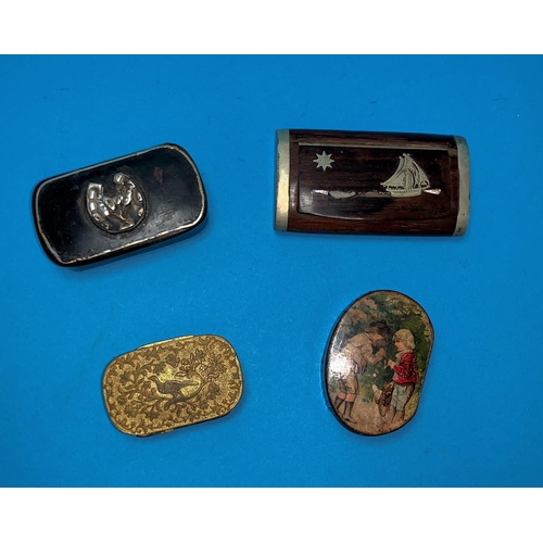 416 - 4 19th century snuff boxes, black lacquer picture of 2 children (worn); rosewood with silver mounts ... 
