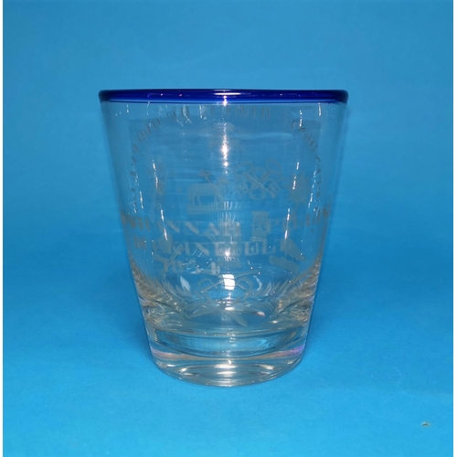 218 - An engraved ceremonial glass for the Order of Oddfellows, with blue rim, engraved:  