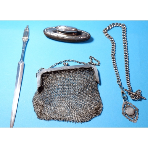 334 - A ladies hallmarked silver mesh evening purse; a hallmarked silver QEII Coronation paperknife; a hal... 