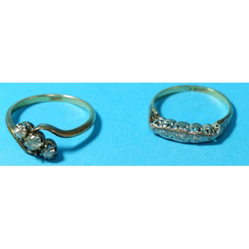 375 - An18 carat gold dress ring set 3 small diamonds; a similar band set 5 diamonds, 4.9 gm gross