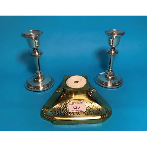 320 - A pair of silver candlesticks, Chester hallmark; a French brass inkstand