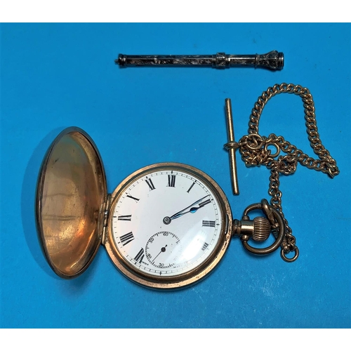 347 - A gold plated hunter pocket watch with chain; an engraved pencil with bloodstone seal fob