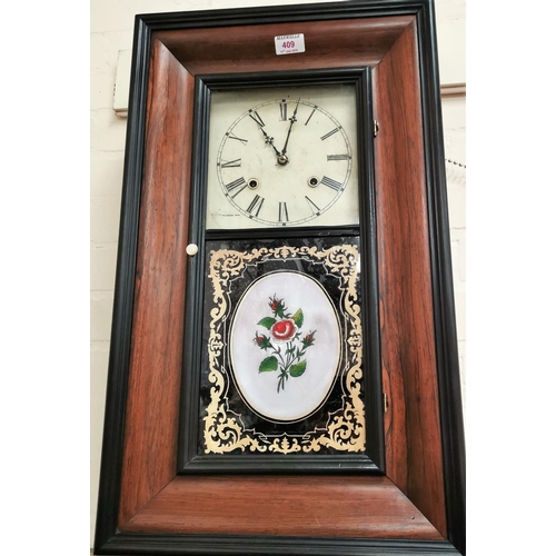 409 - A 19th century American rectangular wall clock with original spring driven movement, white enamel di... 