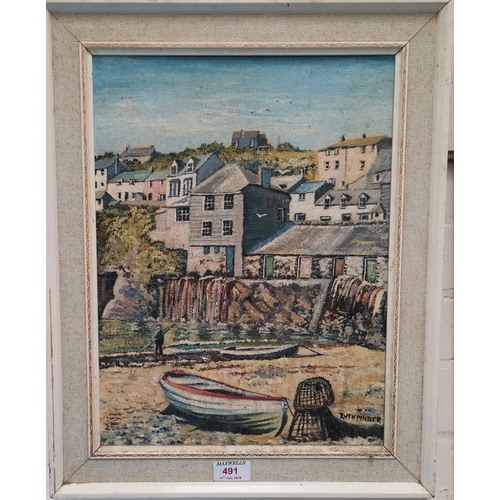 491 - RUTH PINDER - oil painting Corner of the Harbour; Port Isaac, signed 15.5'' x 11.5''
