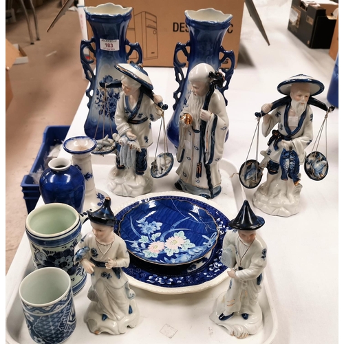 183 - A pair of Victorian style blue & white vases; a selection of modern Chinese blue & white figure; blu... 