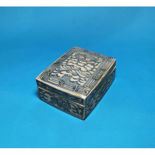 216 - A 19th century Chinese porcelain rectangular box with underglaze blue decoration, with inscriptions ... 