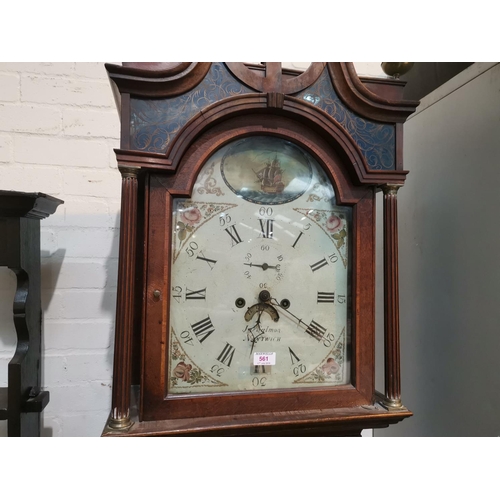 561 - An 18th century crossbanded oak longcase clock, the hood with swan neck pediment, painted glass pane... 