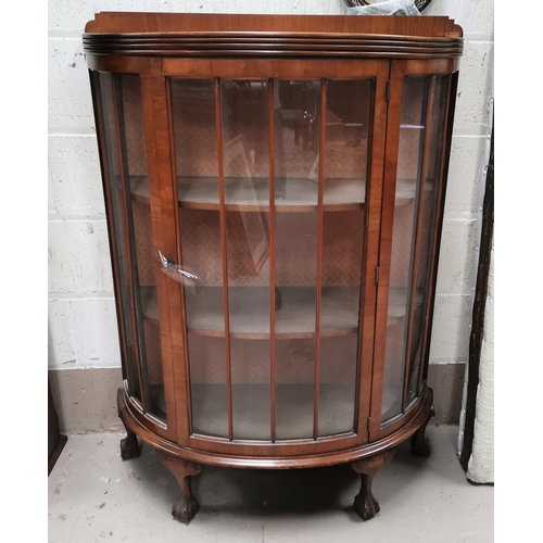 595 - A 1930's walnut demi-lune display cabinet, 89 cm; a Victorian kitchen chair