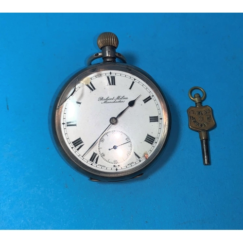 322 - An open face silver  cased pocket watch with Swiss movement, Robert Milnes, Manchester