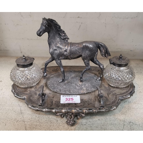 325 - A Victorian silver plated standish in the form of a horse, with twin cut inkwells, on shaped rectang... 