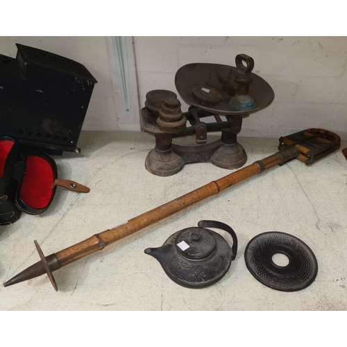 413 - An Edwardian bamboo shooting stick; a set of 19th century kitchen scales  weights; a Chinese cast ir... 